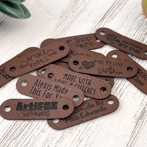 Small 1.5 x 0.5 Customized Faux Leather Product Tags, SEW-ON Personalized Tags for Knitting and Crochet, Cute Labels for Handmade Items image 5