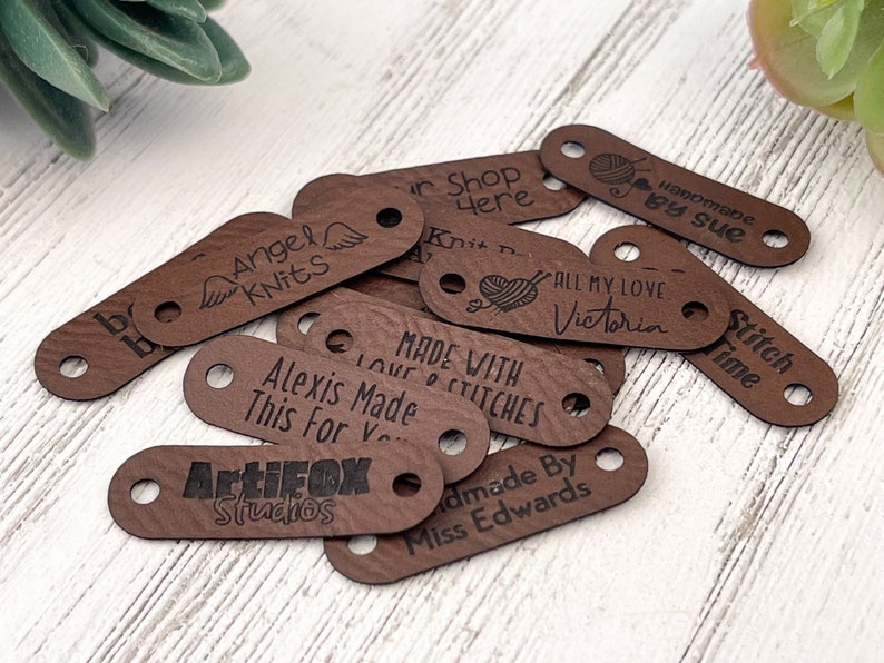Small 1.5 x 0.5 Customized Faux Leather Product Tags, SEW-ON Personalized Tags for Knitting and Crochet, Cute Labels for Handmade Items image 5