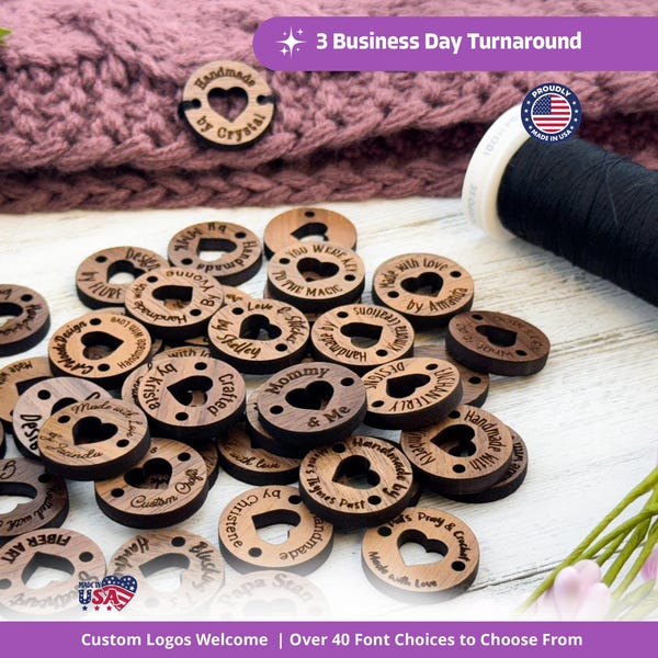 Personalized Walnut Wood Tags with Heart Cutout: Knitting, Sewing Labels