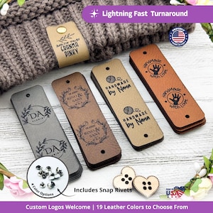 Custom Tags 0.95 x 3 inch For Knitting And Crochet, Faux Leather Labels For Handmade Items, Leather Tags With Rivets, Tags For Knitted Hats