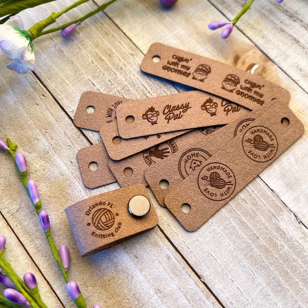 Personalized Mocha Ultrasuede Tags for Handmade Knitting and Crochet | Custom No-Sew Tags for Business Branding | Labels for Handmade Items