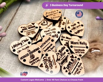 Small Heart Shaped Custom Product Tags for Handmade Items, Personalized Wood Buttons for Knitted and Crochet Products, Small Heart Labels