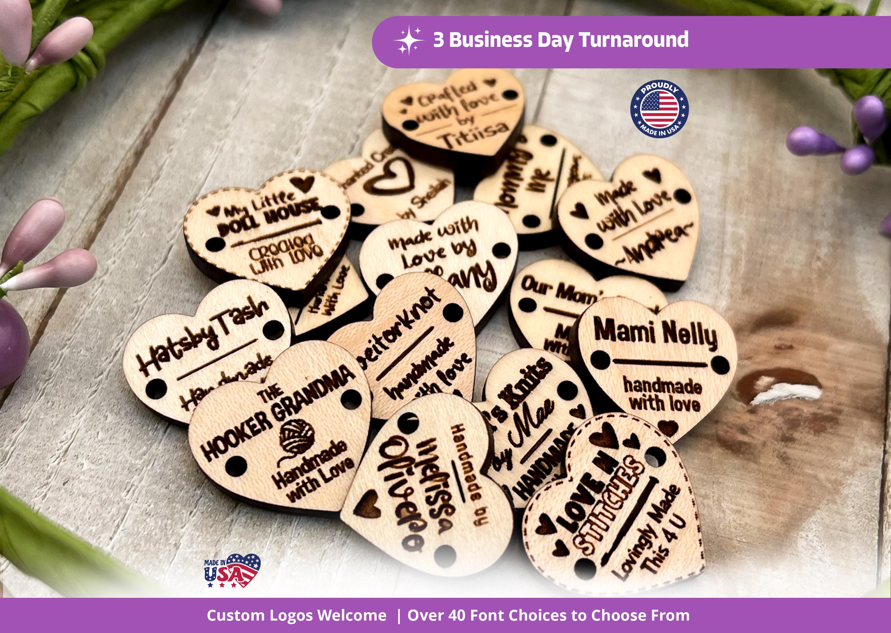 Custom Heart Wood Buttons: Laser Engraved Tags for Handmade Items