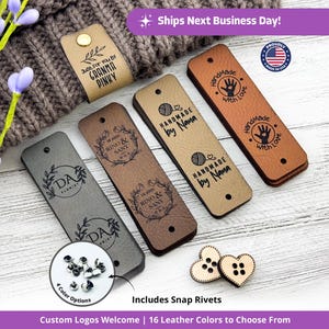 Custom Tags 0.95 x 3 inch For Knitting And Crochet, Faux Leather Labels For Handmade Items, Leather Tags With Rivets, Tags For Knitted Hats