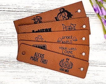 Custom 3x0.75" Half Fold Faux Leather Labels, Center Fold Tags Knitting & Crochet, Vegan Leather Clothing Labels, Personalization,  Branding