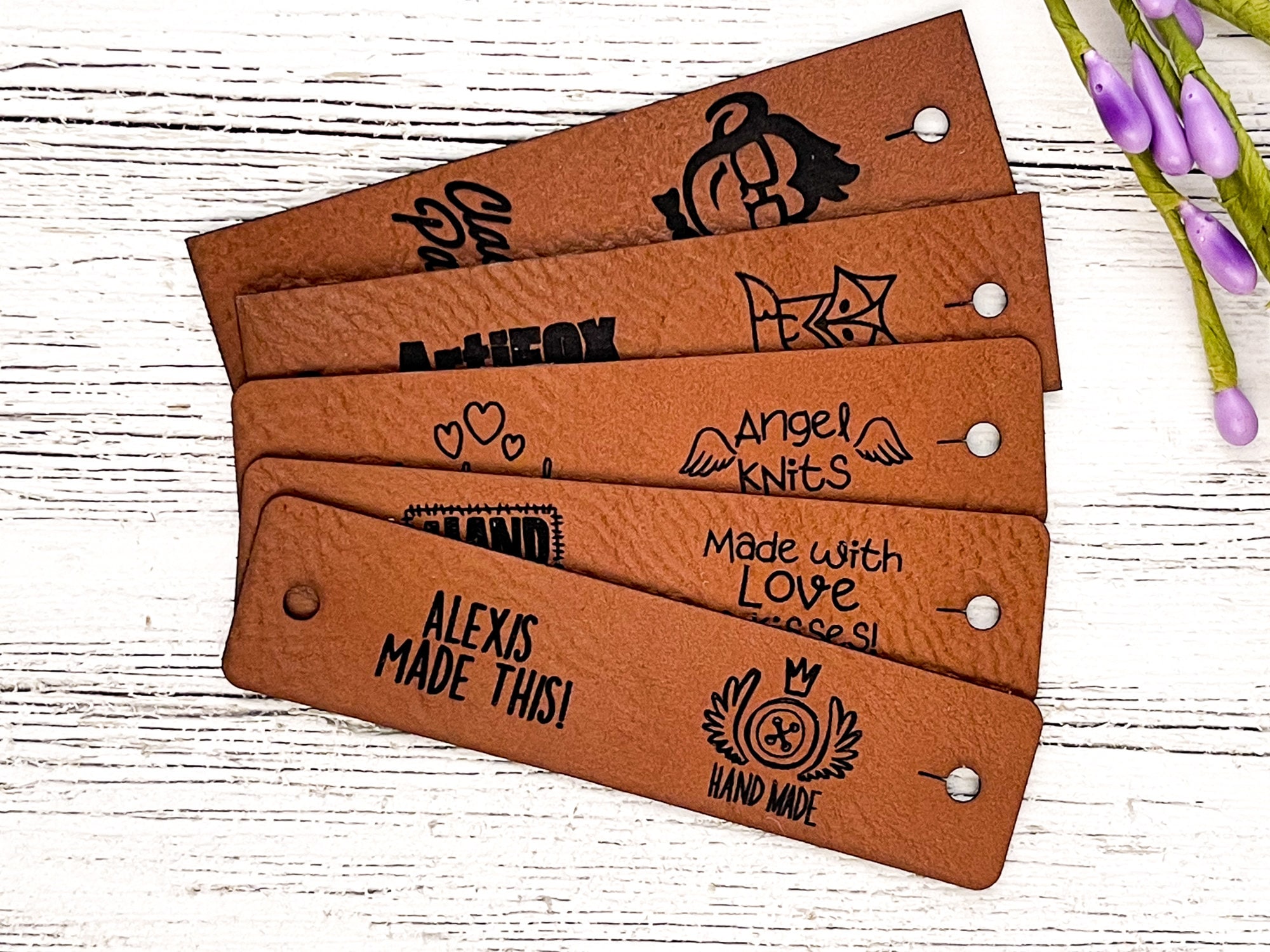  Faux leather labels for handmade items, vegan leather tags,  personalized crochet labels, custom knitting labels, sewing labels, crochet  tags, various sizes shapes images to choose from, set of 25 pc 