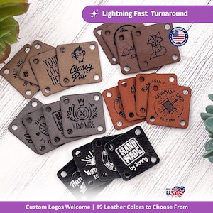 Custom 1x1&quot; Vegan Leather Tags for Handmade Items, SEW ON Personalized Logo Labels for Crochet, Faux Leather Tags for Knitting Projects