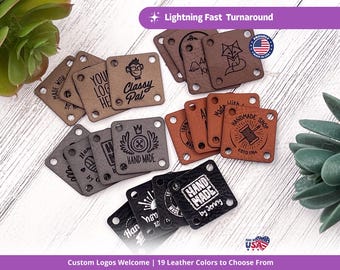 May include: A collection of square leather tags in various shades of brown, tan, and black, each featuring four corner holes for attachment. The tags are engraved with diverse designs, including text like Classy Pal, Hand Made, and Handmade Shop.
