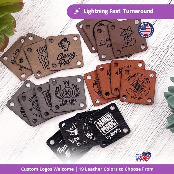 Custom 1x1" Vegan Leather Tags for Handmade Items, SEW ON Personalized Logo Labels for Crochet, Faux Leather Tags for Knitting Projects