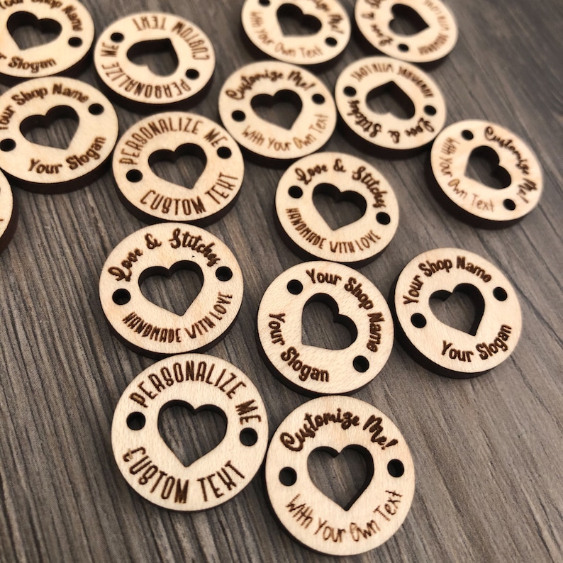 Cute Product Tags with Heart Cut-Out in Various Sizes, Adorable Sew-On Tags, Personalized Wooden Tags for Crochet Projects, Wood Tags image 5