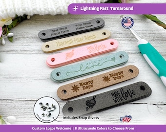 Custom Ultrasuede Tags – 3"x0.5" Rounded Half-Fold Labels for Knitting, Crochet, Sewing, Quilts & Handmade Gifts