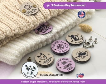 Custom Faux Leather Tags: 1.25" Knitting & Crochet Labels with Snap Rivets