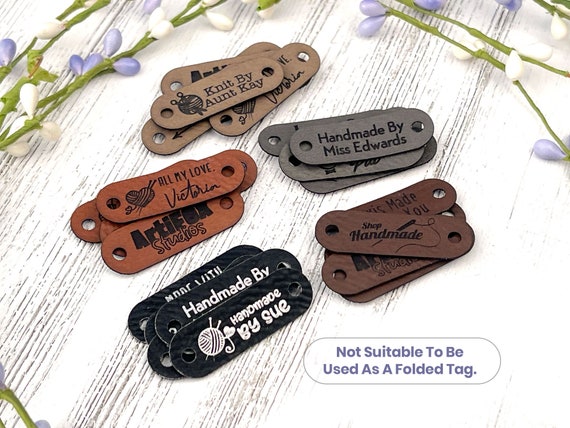  Customized 2 x 1 in Faux Leather Product Tags, SEW-ON  Personalized Tags for Knitting and Crochet, Rivets Cute Labels Handmade  Items (10 Labels) : Handmade Products