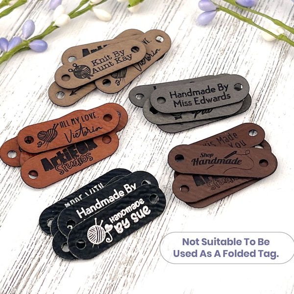 Small 1.5" x 0.5" Customized Faux Leather Product Tags, SEW-ON Personalized Tags for Knitting and Crochet, Cute Labels for Handmade Items