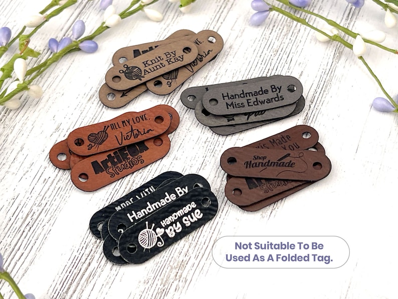 Small 1.5 x 0.5 Customized Faux Leather Product Tags, SEW-ON Personalized Tags for Knitting and Crochet, Cute Labels for Handmade Items image 1