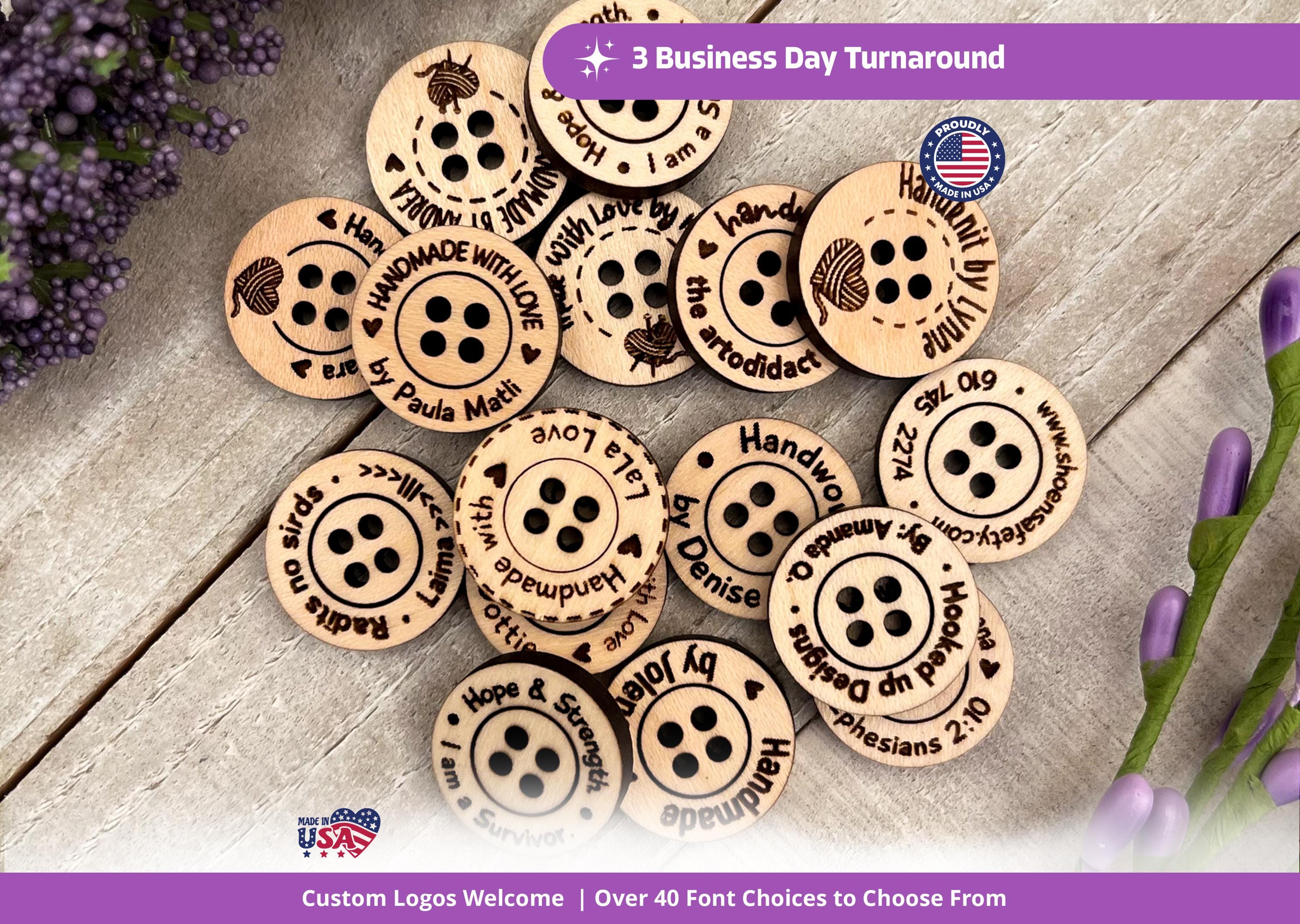 Customized Product tags, personalized wood buttons for knitted and crochet items, buttons for handmade items, custom wooden button