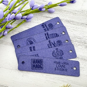 Custom Purple Ultrasuede Labels for Handmade Items | Personalized No-Sew Tags for Knitting and Crochet | Purple Custom Business Brand Tags