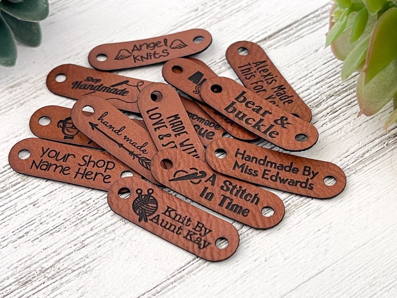 Small 1.5 x 0.5 Customized Faux Leather Product Tags, SEW-ON Personalized Tags for Knitting and Crochet, Cute Labels for Handmade Items image 4