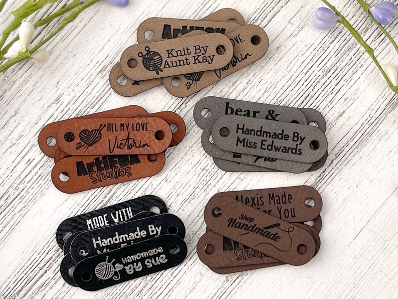 Small 1.5 x 0.5 Customized Faux Leather Product Tags, SEW-ON Personalized Tags for Knitting and Crochet, Cute Labels for Handmade Items image 9