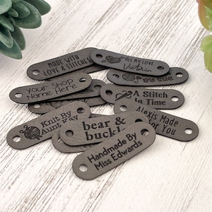 Small 1.5 x 0.5 Customized Faux Leather Product Tags, SEW-ON Personalized Tags for Knitting and Crochet, Cute Labels for Handmade Items image 6