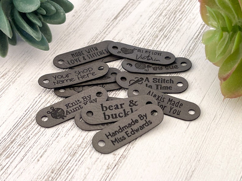 Small 1.5 x 0.5 Customized Faux Leather Product Tags, SEW-ON Personalized Tags for Knitting and Crochet, Cute Labels for Handmade Items image 6