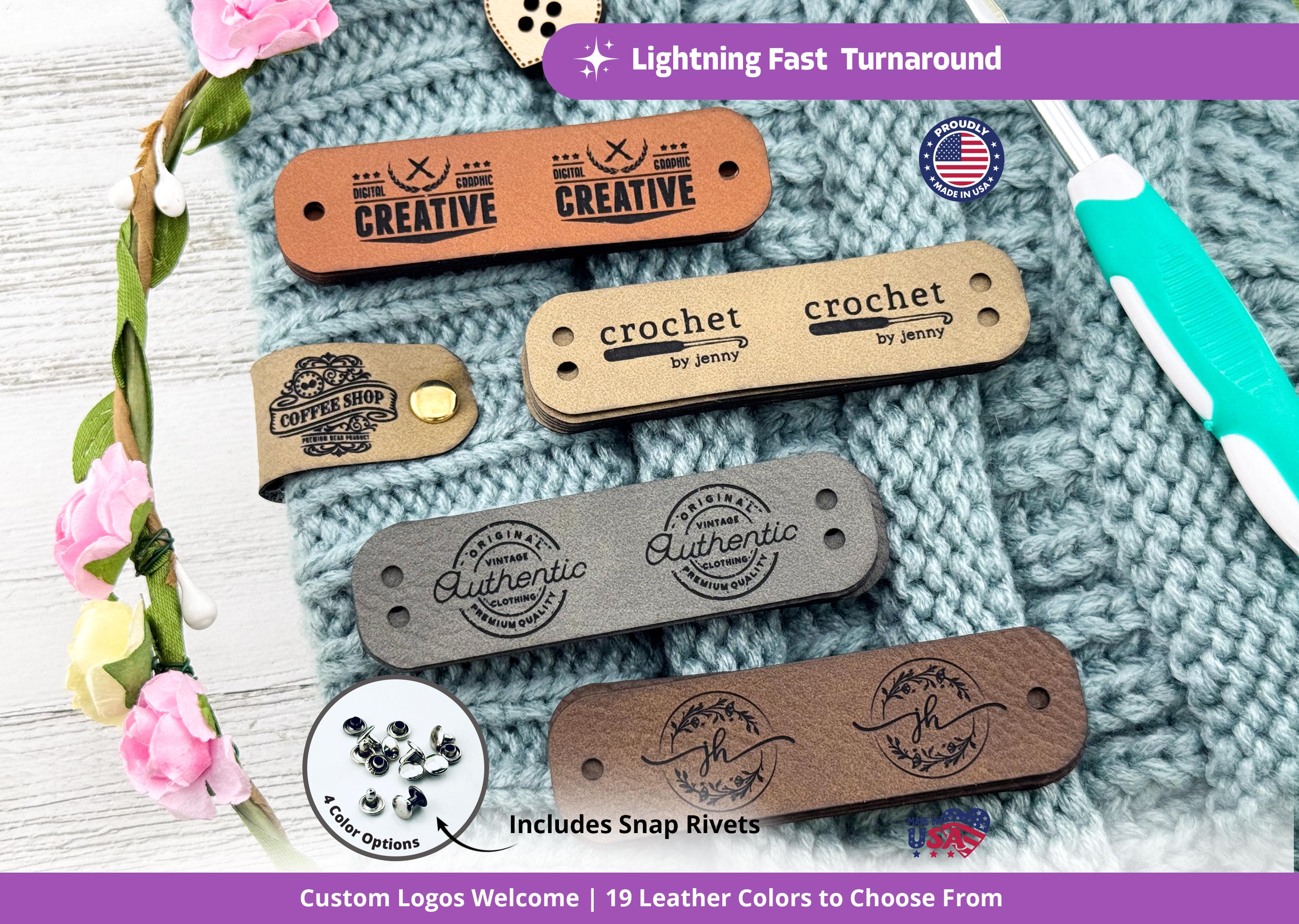 2.75" x 0.75" Custom Tags For Knitting And Crochet, Faux Leather Labels For Handmade Items, Leather Tags With Rivets, Tags For Knitted Hats