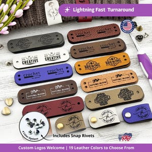 Custom Faux Leather Labels For Handmade Items, Custom Tags 2.75 x 0.75 inch For Knits And Crochet, Tags With Rivets, Tags For Knitted Hats