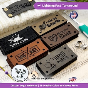 May include: Rectangular faux leather labels in black, tan, and brown with custom engraved designs including text like "made by Starla," "All my love, Ellie," and "HAND MADE." The set includes metal snap rivets and features various graphic icons.