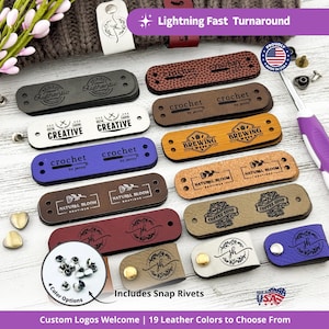 Custom Tags for Handmade Items, 2.75&quot; x 0.75&quot; Faux Leather Labels for Knitting & Crochet, Quality Leather Tags with Rivets, Knitted Hat Tags