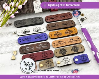 Custom Tags for Handmade Items, 2.75" x 0.75" Faux Leather Labels for Knitting & Crochet, Quality Leather Tags with Rivets, Knitted Hat Tags