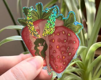 STRAWBERRY FAIRY - Cottagecore Fairy Sticker, Glitter Fruit Fairy Decal, Whimsical Waterproof Vinyl Art
