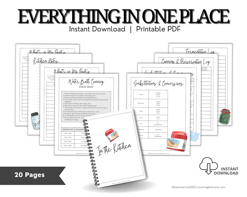 May include: A printable PDF guide for home cooks with 20 pages of kitchen notes, water bath canning instructions, fermentation and preservation logs, and substitutions and conversions. The cover features a watercolor illustration of a kitchen with the text "In The Kitchen".