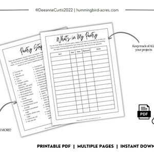 May include: Printable pantry inventory checklist with a list of common pantry staples and a table to track the item, size, date, replaced, and notes. The text "What's in My Pantry" is at the top of the page.