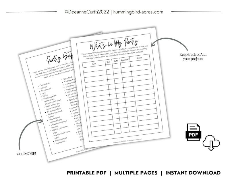 May include: Printable pantry inventory checklist with a list of common pantry staples and a table to track the item, size, date, replaced, and notes. The text "What's in My Pantry" is at the top of the page.