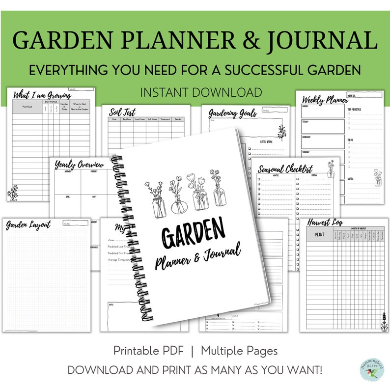 May include: A black and white printable garden planner and journal with the text "GARDEN Planner & Journal" and a floral illustration. The journal includes pages for planning, tracking, and journaling about your garden.