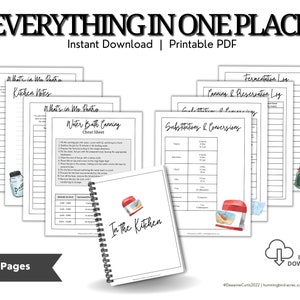 May include: A printable PDF guide for home cooks with 20 pages of kitchen notes, water bath canning instructions, fermentation and preservation logs, and substitutions and conversions. The cover features a watercolor illustration of a kitchen with the text "In The Kitchen".