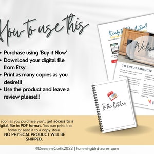 May include: A digital printable farmhouse planner with a white background and a red and white watercolor illustration of a kitchen. The text "To the Farmhouse" and "In the Kitchen" are visible on the pages. The planner is a digital download and can be printed at home or sent to a copy store.