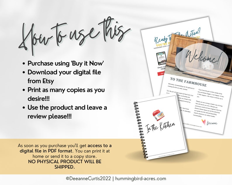 May include: A digital printable farmhouse planner with a white background and a red and white watercolor illustration of a kitchen. The text "To the Farmhouse" and "In the Kitchen" are visible on the pages. The planner is a digital download and can be printed at home or sent to a copy store.