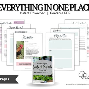 May include: A printable PDF planner for homesteaders with a 5-year plan, vision board, and goal setting worksheets. The cover features a rooster and the text "Homestead Goals & Projects Planner".