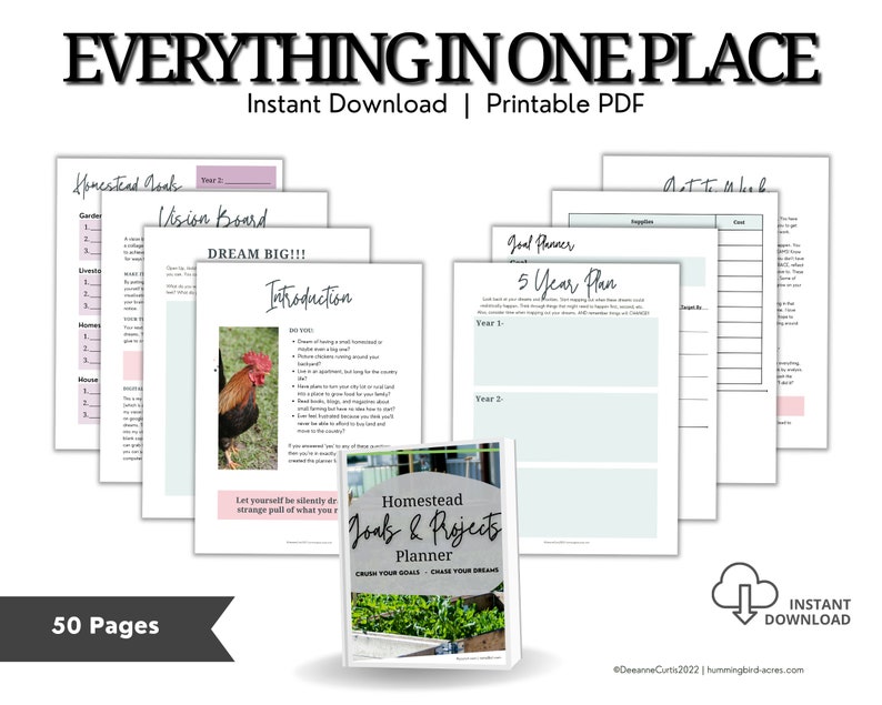May include: A printable PDF planner for homesteaders with a 5-year plan, vision board, and goal setting worksheets. The cover features a rooster and the text "Homestead Goals & Projects Planner".