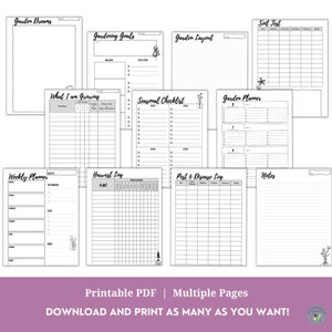 May include: Printable garden planner pages with black and white illustrations. The pages include sections for garden dreams, gardening goals, garden layout, soil test, what I am growing, seasonal checklist, garden planner, weekly planner, harvest log, pest and disease log, and notes.