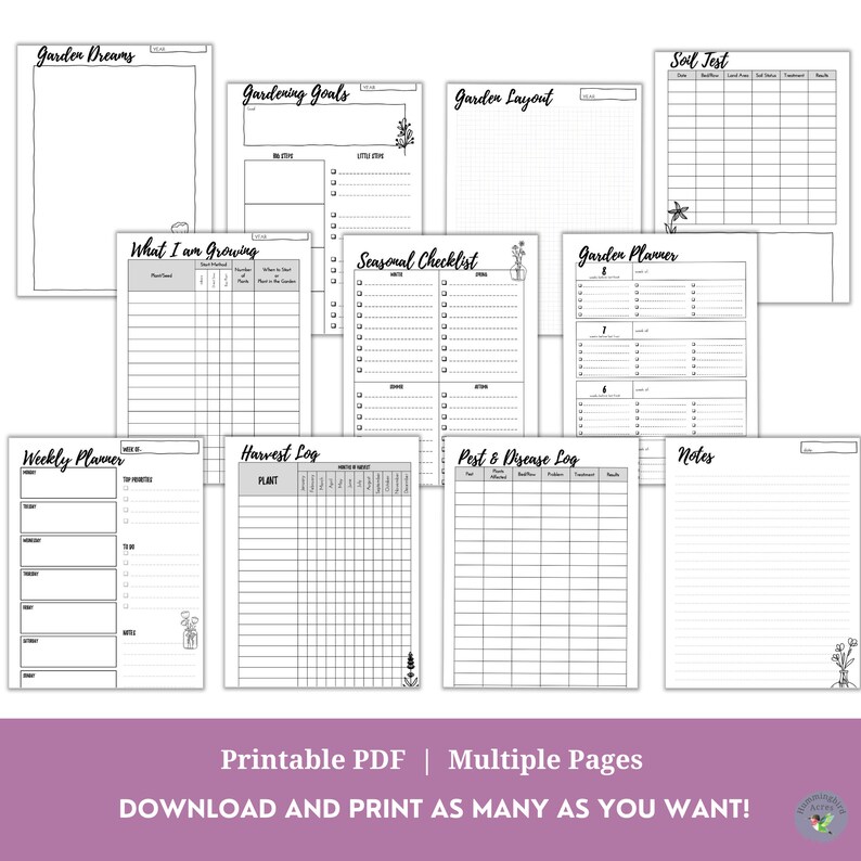 May include: Printable garden planner pages with black and white illustrations. The pages include sections for garden dreams, gardening goals, garden layout, soil test, what I am growing, seasonal checklist, garden planner, weekly planner, harvest log, pest and disease log, and notes.