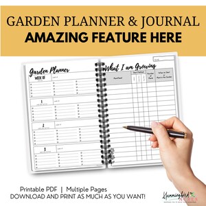 May include: A black and white printable garden planner and journal with the text "Garden Planner" and "What I am Growing". The journal has a spiral binding and includes sections for weekly planning and tracking what plants are being grown.