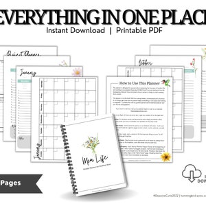 May include: A printable planner with 20 pages, designed for moms. The planner includes monthly calendars, to-do lists, and a "How to Use This Planner" section. The cover features a floral design and the text "Mom Life: Weekly Planner for the Busy Mom".