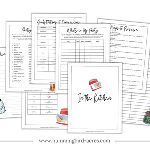 May include: A printable set of kitchen organization and planning worksheets. The worksheets include sections for pantry inventory, substitutions and conversions, ways to preserve food, and a "What's in My Pantry" checklist. The worksheets are decorated with watercolor illustrations of jars, a kitchen mixer, and a jar of preserves.