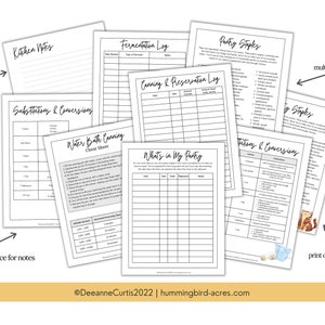 May include: Printable black and white planner pages for kitchen organization, including a fermentation log, canning and preservation log, pantry inventory, water bath canning cheat sheet, substitutions and conversions, and kitchen notes. The pages are designed to be printed over and over again.