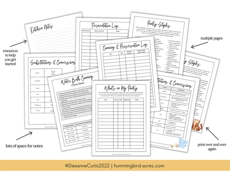 May include: Printable black and white planner pages for kitchen organization, including a fermentation log, canning and preservation log, pantry inventory, water bath canning cheat sheet, substitutions and conversions, and kitchen notes. The pages are designed to be printed over and over again.