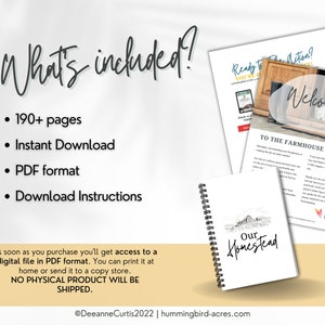 May include: A digital download of a farmhouse journal with over 190 pages. The journal cover is white with a black and white illustration of a farmhouse and the text "Our Homestead". The journal is available as an instant download in PDF format.