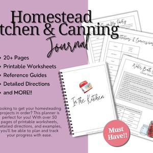 May include: A printable homestead kitchen and canning journal with over 50 pages of worksheets, reference guides, and detailed directions. The journal cover features a red and white illustration of a kitchen appliance. The text "In the Kitchen" is printed on the cover.