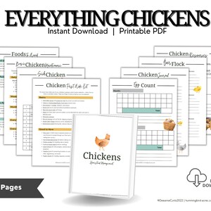 May include: A printable PDF guide for chicken owners. The guide includes 20 pages of information on chicken care, including a chicken first aid kit, egg count tracker, and chicken journal. The cover features a cartoon chicken and the text "Chickens Your Flock Management".